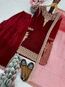 Designer Embroidery Chain Sequence Work Viscose Velvet <b>Top</b> With Plazzo Fabric And Dupatta Fully Stitched Ready To Wear Set - Product Image 5
