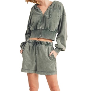 Ensemble sweat à capuche court et short pour femme, taille plus, vintage, en coton délavé à l'acide, avec fermeture éclair, logo personnalisé, respirant, hiver 2026 - Product Image 2