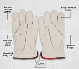 Leather Safety <b>Gloves</b> Full Grain Smooth Anti-Slip Abrasion Resistant Straight Cuff General Purpose - Product Image 2