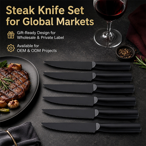 Juego de 6 <span class=keywords><strong>Cuchillos</strong></span> para Carne de Acero Inoxidable <span class=keywords><strong>con</strong></span> Acabado Negro, Diseño Profesional para Mesa de Comedor, <span class=keywords><strong>con</strong></span> Mango Ergonómico - Product Image 2