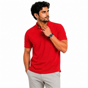 เสื้อโปโลผู้ชายสีแดง แขนสั้น ผ้าคอตตอนปิเก้ ทรงปกติ สวมใส่สบาย สีพื้น ระบายอากาศได้ดี ดีไซน์แบบถัก - Product Image 1