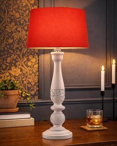 Modern White Wood Pillar Table Lamp with Red <b>Drum</b> <b>Shade</b> Decorative <b>Lighting</b> for Living Room - Product Image 5