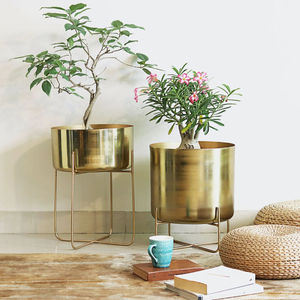 Set of 2 Gold Metal Planters with Black <b>Stands</b> for Indoor <b>Plants</b> Modern <b>Tall</b> Planter Pots for Living Room and Office Decor - Product Image 5