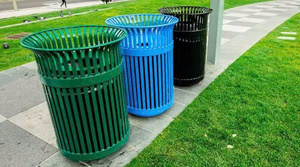 Outdoor Metal Waste <b>Bin</b> Cylindrical With <b>Lid</b> Classic Style Indoor Outdoor Use Black Color Rustproof Slatted Garbage Pail - Product Image 6