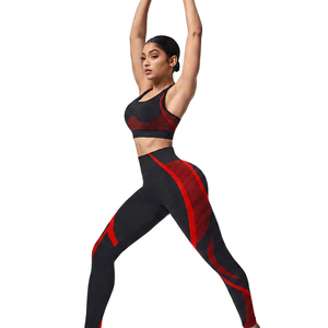 Women Solid 2Pcs Yoga Set High Waist Leggings Sports Bra Racerback Neck Full Length - Product Image 2