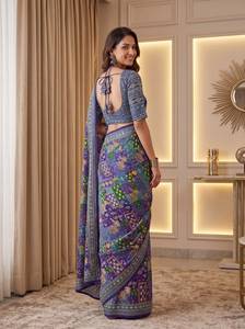 Sari Tradicional Indio de Seda con Estampado Digital y Parches Multicolores para Bodas y Eventos Festivos para Mujer - Product Image 2