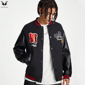 Veste de baseball pour homme avec patchwork de lettres, veste bomber noire à broderie personnalisée, poignets à rayures rouges, streetwear décontracté - Product Image 5
