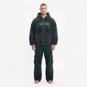 Mens Green <b>Black</b> Acid Wash Color Block <b>Zip</b> <b>Hoodie</b> Cargo Pants Tracksuit Set Custom Streetwear Casual Fashion Outfit - Product Image 1