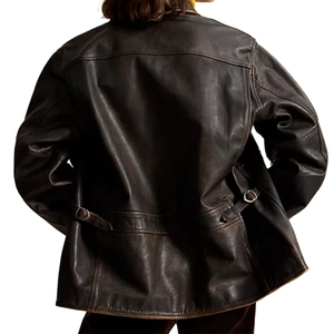 <b>Womens</b> Oversized Cowhide <b>Leather</b> <b>Moto</b> <b>Jacket</b> Distressed Full Zip Spread Collar Epaulets Buckle Tabs Zip Pockets Lined OEM Custom - Product Image 2