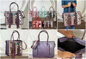 Sacs fourre-tout pour femmes en cuir de vachette repoussé avec poils, personnalisables, motif floral vintage, sac à bandoulière grande capacité, vente chaude - Product Image 3