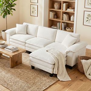 Divano Sezionale a L Beige a 3 Posti con Seduta Profonda, Pouf Mobile e Braccioli Imbottiti in Piuma - Product Image 2