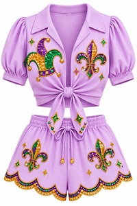 Elegante Conjunto de Top y Shorts a Cuadros Amarillos sin Mangas para Mujer al por Mayor con Bordado de Langosta Morada con Lentejuelas - Product Image 3