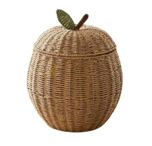 Cute Apple Shaped Seagrass Storage <b>Basket</b> <b>with</b> Stem and Leaf <b>Lid</b> Handwoven Fruit Toy Organizer Bin for Kids Nursery - Product Image 1