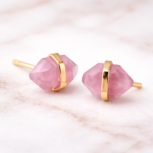 Rose Quartz Elongated Hexagon <b>Stud</b> <b>Earring</b> Center Bezel <b>Set</b> Faceted Gemstone Handmade Minimalist Jewelry Gift For Her - Product Image 1