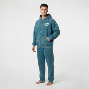 Conjunto de dos piezas de chándal para hombre de alta calidad al por mayor, con cremallera completa, lavado ácido, hombros caídos, sudadera con capucha y bolsillo canguro. - Product Image 3