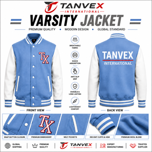 เสื้อแจ็คเก็ตวาร์ซิตี้ TANVEX INTERNATIONAL สำหรับผู้ชาย สีดำ แขนสีแดง ผลิตจากวัสดุผสมขนสัตว์ เป็นมิตรต่อสิ่งแวดล้อม ปักโลโก้ TX ติดกระดุมเม็ดเดียว - Product Image 2