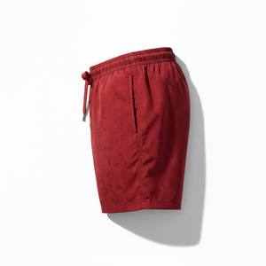 Men's <b>Red</b> Solid Color Quick Dry Canvas 100% Polyester Front Logo Elastic Waist Mid Casual Board Shorts - Product Image 3
