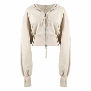 Sweat-shirt à capuche court zippé pour femme avec poches cargo, manches longues, couleur unie, tricoté, décontracté, pour l'automne - Product Image 6
