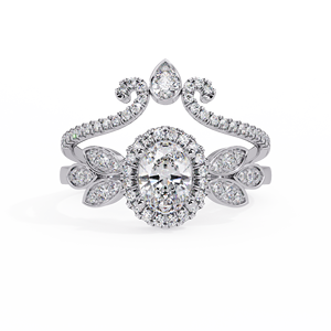 Ensemble de bagues de mariage vintage en or massif 14K avec diamant de laboratoire ovale à halo floral et alliance couronne en forme de poire, bijoux personnalisés en gros - Product Image 4