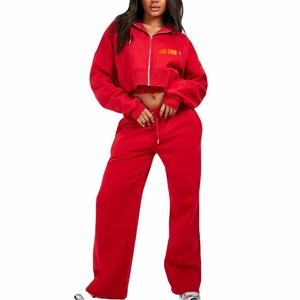 Women's Red Hooded Zip-Up Tracksuit <b>Set</b> Full Sleeve Casual Sportswear Knitted 2-Piece Outfit Loose Fit All Seasons - Product Image 5