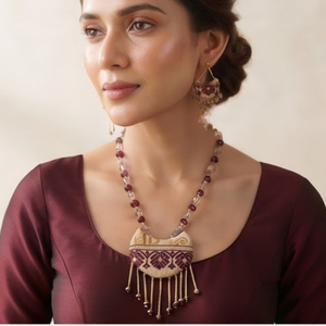 Traditional Muga Silk <b>Necklace</b> <b>Set</b> with Burgundy Textile Pendant and Matching Earrings | Handcrafted <b>Indian</b> Ethnic Jewellery - Product Image 3