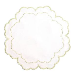 Custom Washable Reuse Luxury Embroidery Double Green Scallop Border <b>Placemats</b> Napkins Sets 100% Linen Mats Home Wedding Events - Product Image 4