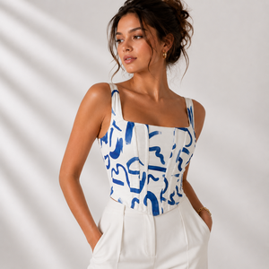 Corset bustier pour femme à motif bleu et blanc, avec baleines en acier, broderie à la main, en tissu satiné, maintien ferme - Product Image 3