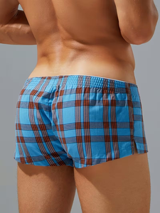 Men's Plaid Knitted Boxer Shorts Breathable Cotton Underwear Low-Rise Lounge Wear with Waist Logo Blue - Product Image 2