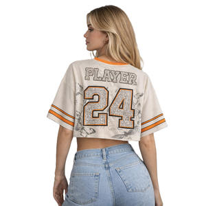 Women's <b>Rhinestone</b> American Football Jersey Cropped <b>Mesh</b> V Neck Streetwear <b>Top</b> Breathable Polyester OEM Custom Supply - Product Image 3