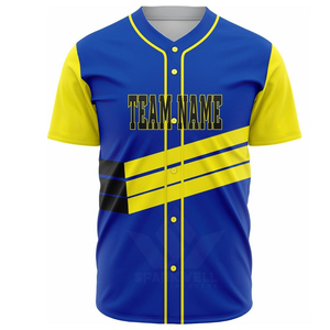 Maillot de baseball bleu et jaune pour homme, manches courtes, boutons sur le devant, sublimation, séchage rapide, évacuation de l'humidité, polyester, uniforme d'équipe - Product Image 1