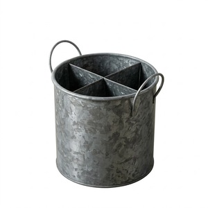 Porte-ustensiles en métal galvanisé style ferme, support à couverts en acier avec poignée, organiseur rond en fer blanc pour comptoir de cuisine et table à manger - Product Image 1