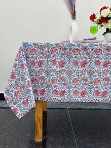 Indian Block Print Handmade Dining <b>Tablecloth</b> White Pink Flower Design Custom Size Cloth for Home Decor Farmhouse Style - Product Image 4