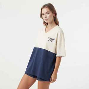 Women's Color Block <b>V</b>-<b>Neck</b> <b>T</b>-<b>Shirt</b> Short Sleeve Loose Fit 100% Cotton Jersey <b>Oversized</b> Casual Top Spring Summer - Product Image 1