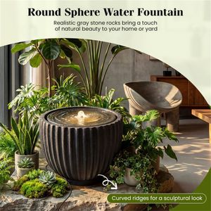 Fontana d'Acqua Moderna a Sfera in Pietra Grigia da 44,5 cm con 6 Luci LED, in Acciaio Inossidabile, per Interni/Esterni, per Parchi, Garanzia 1 Anno - Product Image 6