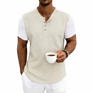 OEM Mens Color Block Henley <b>T</b> <b>Shirt</b> Waffle Knit Short Sleeve Loose Fit Plus Size Casual Summer Fashion European Style <b>T</b> <b>Shirt</b> - Product Image 2