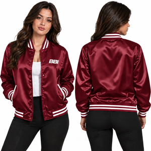 Chaqueta Varsity de Satén Personalizada para Mujer, Impermeable, con un Solo Botón, Cuello Acanalado, Abrigo Rojo Brillante, OEM, Venta al por Mayor Directa de Fábrica, Prenda Exterior Brillante - Product Image 2