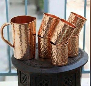 Juego de jarras de cobre para decoración del hogar de inspiración hereditaria, juego de metal para servir agua con vasos, duradero, reutilizable, para cocina y comedor. - Product Image 6