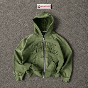 เสื้อแจ็คเก็ตฮู้ดโอเวอร์ไซส์สีเขียวฟอก ปักตัวอักษร ซิปเต็มตัว สไตล์เรโทร สีเขียวมะกอก แนวกรันจ์ ดีไซน์ทำเก่า สไตล์สตรีท ยูบอร์น - Product Image 5