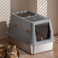 Bac à litière pour chat convertible en acier inoxydable avec couvercle rabattable et rebord haut, facile à nettoyer, contrôle des odeurs, capacité de 100 L
