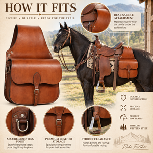 Traditional Leather Horse Saddle Bag | Western Equestrian Side Storage Pouch Secure <b>Straps</b> <b>Buckles</b> Trail Riding Ranch Work Tack - Product Image 5
