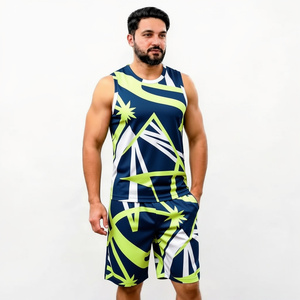 Conjunto de camiseta sin mangas y pantalones cortos con estampado geométrico para hombre, sublimado, de poliéster tejido, deportivo, para verano, con cuello redondo. - Product Image 1