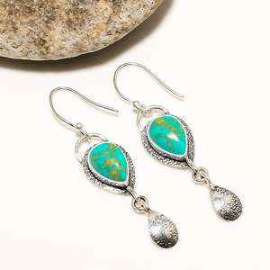 Boucles d'oreilles en pierre précieuse turquoise verte en forme de poire, en argent sterling 925, style vintage, bijoux faits à la main, cadeau pour femmes - Product Image 1