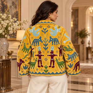 Chaqueta de terciopelo amarillo mostaza con bordado Suzani y motivos de arte folclórico tribal | Prenda Exterior Bohemia de Frente Abierto con Cuello Decorativo - Product Image 2