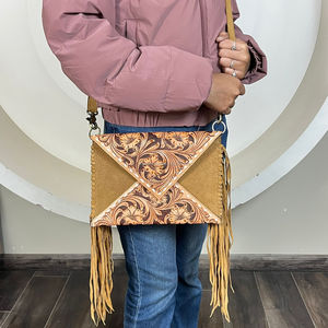 Southwest Cowgirl moda mujer mano Tooled Suede cuero Crossbody flecos bolso estilo occidental sobre bolsos de mano - Product Image 5