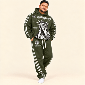 Conjunto Deportivo Personalizado RexFitSports para Hombre, Chaqueta con Capucha y Pantalones Relajados de Forro Polar Verde, Diseño de Impresión y Etiqueta Personalizados - Product Image 1