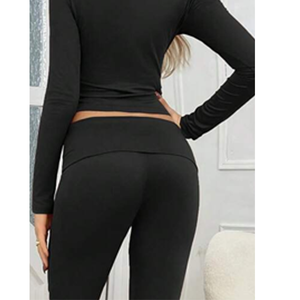 Ensemble pantalon évasé taille haute à manches longues noir pour femme avec design rehausseur de fesses pour un usage quotidien - Product Image 2