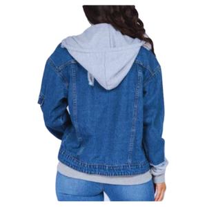 Veste en jean d'hiver élégante pour femme, motif à carreaux, effet usé, capuche, manches longues, boutons décoratifs - Product Image 6