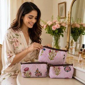 Elegant Pink Floral 3 Piece Cosmetic Pouch Set Quilted Cotton Makeup <b>Bags</b> for Women Travel <b>Vanity</b> Toiletry Organizer Gift Set - Product Image 3