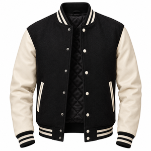 Veste varsity noire et crème pour homme avec manches en PU et doublure matelassée, vêtement décontracté pour l'automne - Product Image 1
