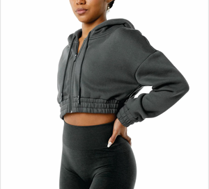 Women's <b>Cropped</b> <b>Zip</b>-<b>Up</b> Hoodie Solid Color Full Sleeve Knitted Cotton Bamboo Fiber Breathable Autumn Wear - Product Image 2
